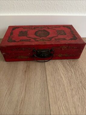 Vintage Leather Oriental Box with brass detail 13” wide